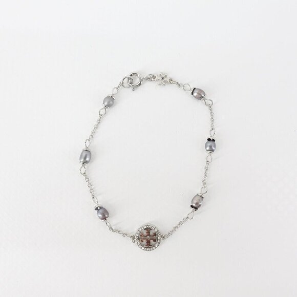 Tory Burch Miller Pave Logo Cultured Pearls Bracelet Silver OS - Picture 1 of 12